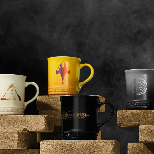 a collection of mugs featuring logos from establishments in the wizarding world including ollivanders and gringotts