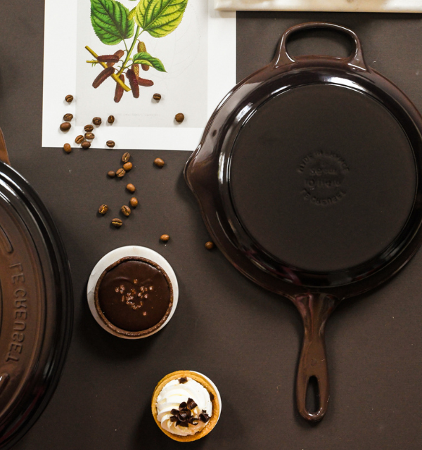 cast iron cookware in rich ganache brown