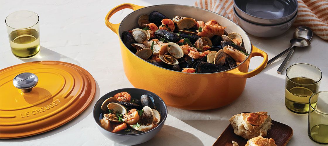 mussels in a yellow dutch oven