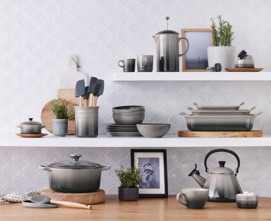 shelves of oyster cookware mixed with sea salt light green cookware