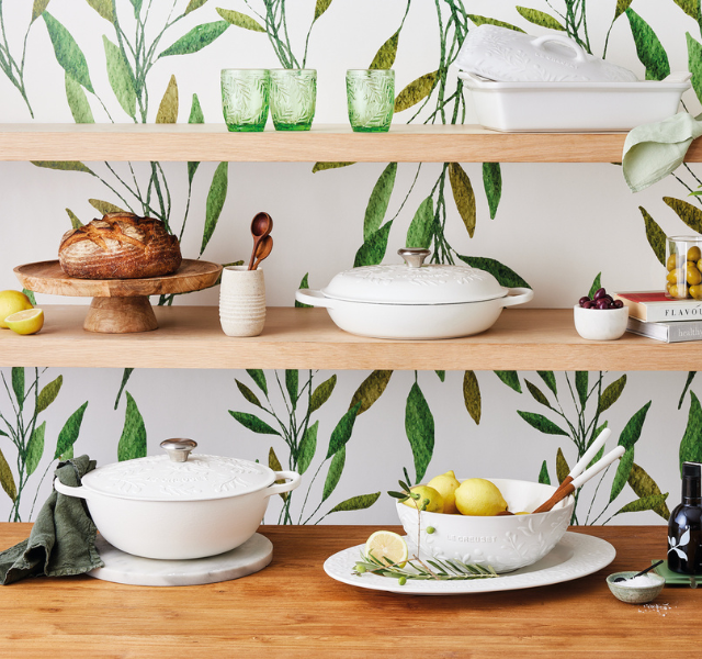 colorful collection of items with embossed olive branch patterns