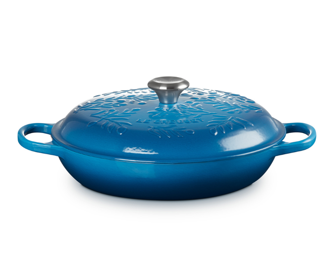 square white covered casserole with olive branch design embossed on the lid